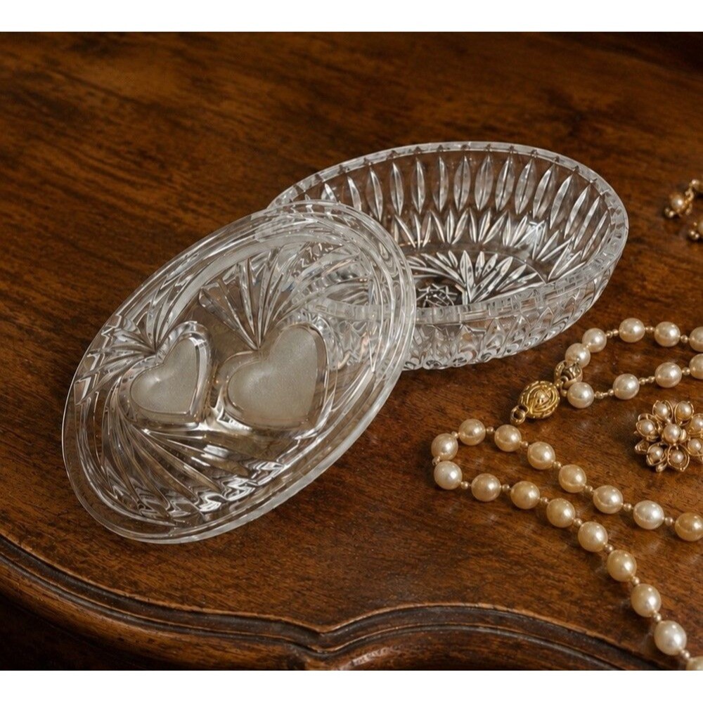 Vintage Cut Glass Heart Trinket Box Oval Lidded Jewelry Keepsake Dish Decor Gift